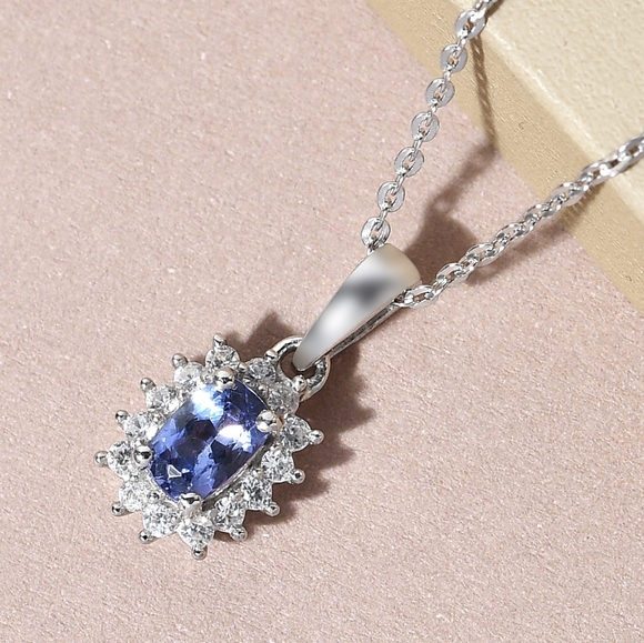@heidizme Jewelry - Tanzanite Natural White Zircon Halo Pendant Platinum over .925 Silver